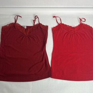 Lot of 2 Worthington‎ Lace & Cotton Cami Tank Top Women's Size L M Red Burgundy